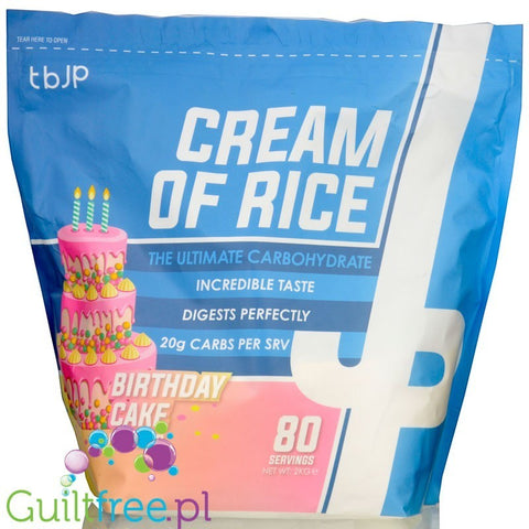 Opakowanie Guiltfree TBJP Cream of Rice o smaku tortu urodzinowego, 2kg kleiku ryżowego dla sportowców.