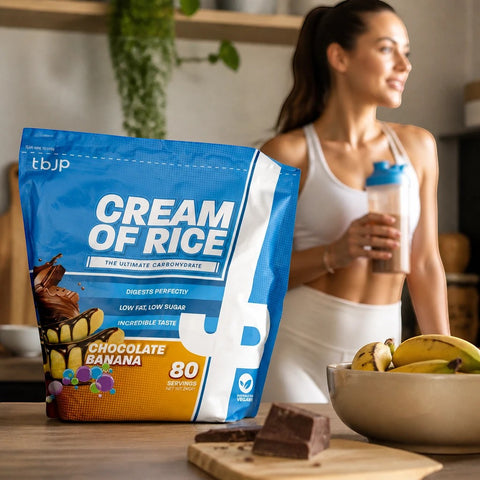 Opakowanie Guiltfree TBJP Cream of Rice o smaku czekoladowo-bananowym na kuchennym blacie z owocami i szejkerem