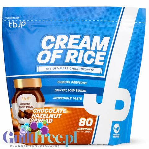Opakowanie Guiltfree TBJP Cream of Rice o smaku czekoladowo-orzechowym, 2kg kleiku ryżowego dla sportowców.