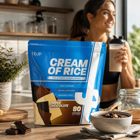 Opakowanie Guiltfree TBJP Cream of Rice o smaku potrójnej czekolady na kuchennym blacie obok miseczki z gotowym posiłkiem