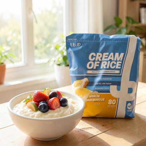Opakowanie Guiltfree TBJP Cream of Rice o smaku bezy cytrynowej obok miseczki z gotowym kleikiem ryżowym i owocami