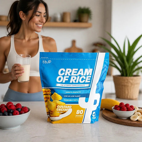 Opakowanie Guiltfree TBJP Cream of Rice o smaku kremu budyniowego na kuchennym blacie obok zdrowych owoców.
