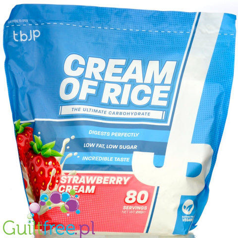 Opakowanie Guiltfree TBJP Cream of Rice o smaku truskawki ze śmietanką, 2kg kleiku ryżowego dla sportowców.