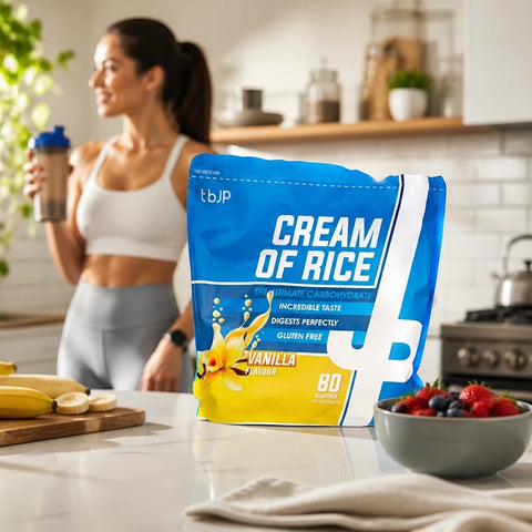 Opakowanie Guiltfree TBJP Cream of Rice o smaku waniliowym na kuchennym blacie z owocami i kobietą w tle