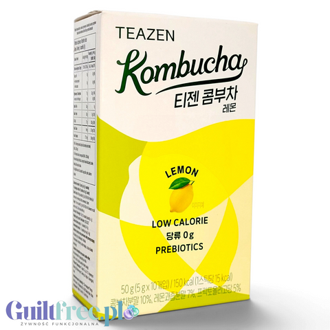 Opakowanie Guiltfree TEAZEN Kombucha Lemon w saszetkach z grafiką cytryny, koreański napój instant bez cukru