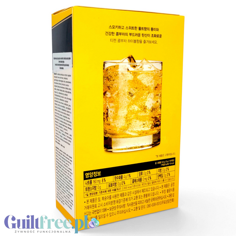 Opakowanie Guiltfree TEAZEN Kombucha Highball z grafiką szklanki napoju z lodem na żółtym tle