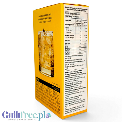 Opakowanie Guiltfree TEAZEN Kombucha Highball z tabelą wartości odżywczych i zdjęciem napoju z lodem w szklance