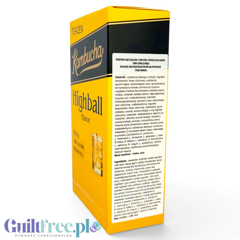 Opakowanie Guiltfree TEAZEN Kombucha Highball w proszku z widocznym składem na żółto-czarnym tle