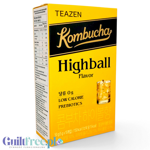 Opakowanie Guiltfree TEAZEN Kombucha Highball, niskokaloryczny napój w proszku bez cukru w żółtym pudełku.