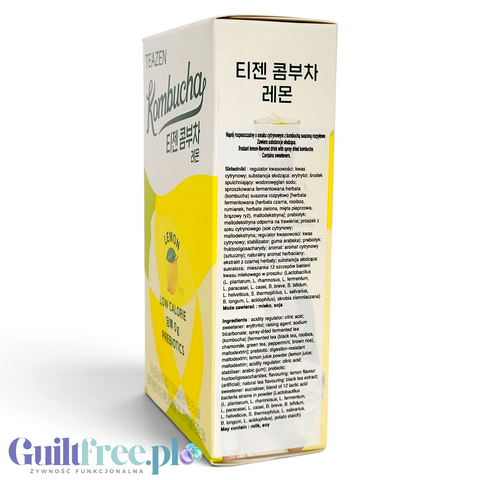 Opakowanie Guiltfree TEAZEN Kombucha Lemon w saszetkach z koreańskimi napisami, cytrynową grafiką i składem na boku