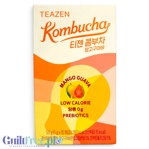 Opakowanie Guiltfree TEAZEN Kombucha o smaku mango i guawy, 10 saszetek z napojem probiotycznym bez cukru.