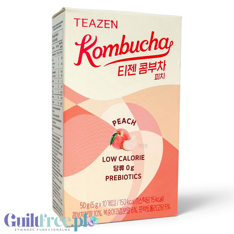 Opakowanie Guiltfree TEAZEN Kombucha Peach, koreański napój instant o smaku brzoskwiniowym z prebiotykami