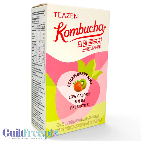 Opakowanie Guiltfree TEAZEN Kombucha o smaku truskawki i kiwi, niskokaloryczny napój w saszetkach z prebiotykami.