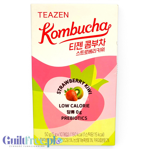 Opakowanie Guiltfree TEAZEN Kombucha o smaku truskawki i kiwi, niskokaloryczny napój z prebiotykami w saszetkach.