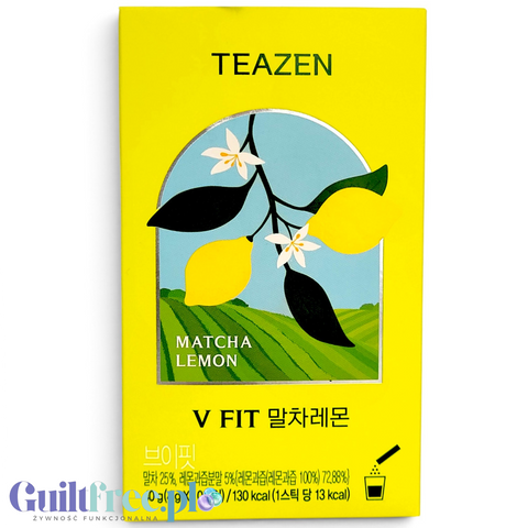 Opakowanie Guiltfree TEAZEN V FIT Matcha Lemon z grafiką cytryn, 10 saszetek napoju instant z matchą i cytryną.