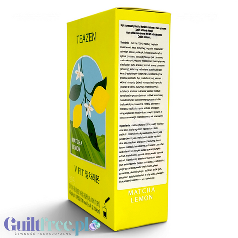 Opakowanie Guiltfree TEAZEN V FIT Matcha Lemon, napój instant z matchą, cytryną i ekstraktami roślinnymi w saszetkach.