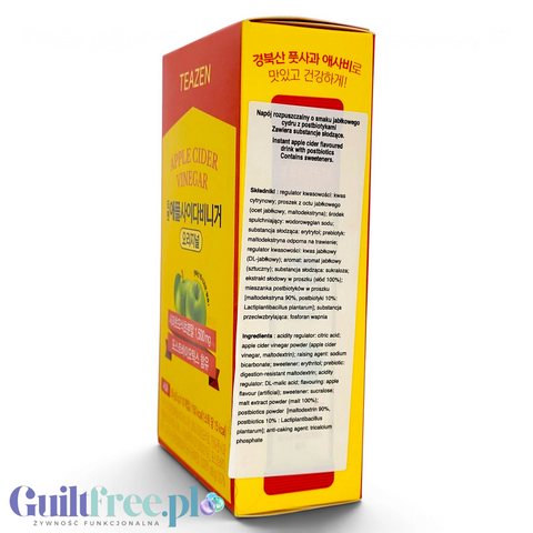 Opakowanie Guiltfree TEAZEN Apple Cider Vinegar z informacjami o składzie napoju instant z octem jabłkowym i prebiotykiem