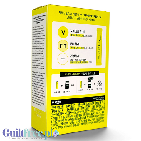 Opakowanie Guiltfree TEAZEN V FIT Matcha Lemon z instrukcją przygotowania napoju instant z matchą i cytryną.