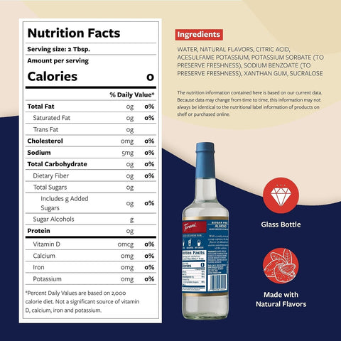 Etykieta wartości odżywczych syropu Guiltfree Torani Almond Roca Zero Sugar w szklanej butelce z naturalnymi aromatami
