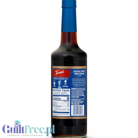 Butelka syropu do kawy Guiltfree Torani Irish Cream bez cukru z etykietą informacyjną na ciemnym tle