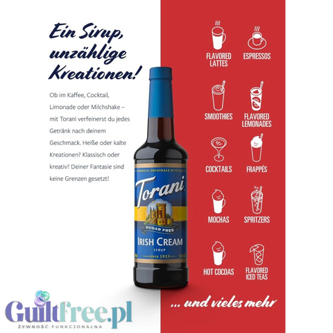 Butelka syropu Guiltfree Torani Irish Cream bez cukru na tle z ikonami napojów kawowych i koktajli