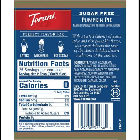 Torani Sugar Free Syrup, Pumpkin Pie 0,75L - syrop do kawy bez cukru i kalorii by Torani (torani-sugar-free-syrup-pumpkin-pie-750-ml-254-oz)