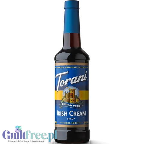 Butelka syropu do kawy Guiltfree Torani Irish Cream bez cukru o pojemności 0,75L z charakterystyczną niebieską etykietą