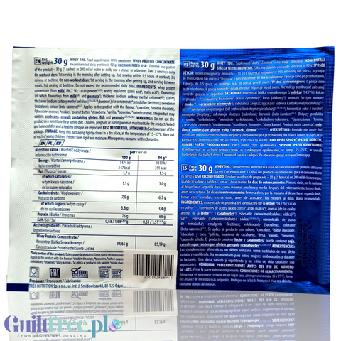 Guiltfree Trec Nutrition Whey 100 chocolate coconut protein powder sachet back view with nutritional information
