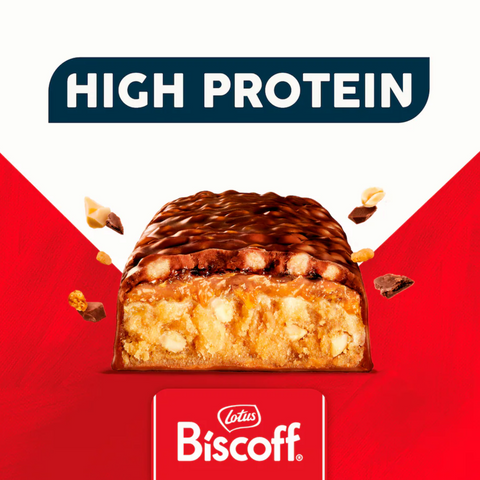 Wegański baton proteinowy Guiltfree Trek z kremem Lotus Biscoff w czekoladowej polewie z widocznym wnętrzem