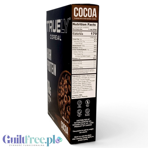 Pudełko płatków proteinowych Truely Cocoa z widoczną tabelą wartości odżywczych i składem na bocznej ściance.