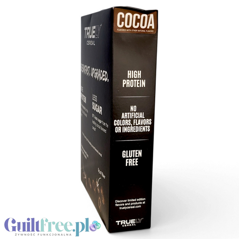 Czarne opakowanie płatków proteinowych Truely Cocoa o wysokiej zawartości białka, bez glutenu i sztucznych dodatków.