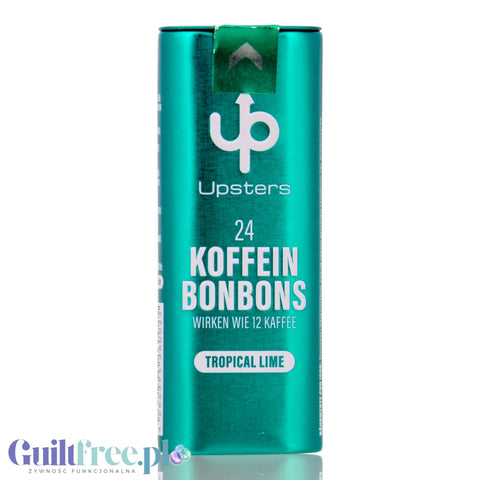 Metalowa puszka Guiltfree Upsters Koffein Bonbons o smaku tropikalnej limonki, bezcukrowe cukierki z kofeiną.