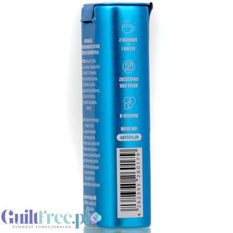 Guiltfree Upsters Koffein Bonbons Strong Mint w niebieskiej metalowej puszce z informacjami o kofeinie i witaminach