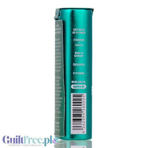 Guiltfree Upsters Koffein Bonbons Tropical Lime w metalowej puszce, widok z boku z informacjami o produkcie