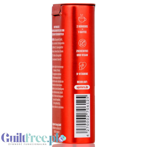 Guiltfree Upsters Koffein Bonbons Sour Cola w czerwonej metalowej puszce z informacjami o kofeinie i witaminach B