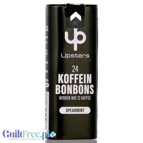 Guiltfree Upsters Koffein Bonbons Spearmint, czarna metalowa puszka z bezcukrowymi pastylkami z kofeiną o smaku mięty