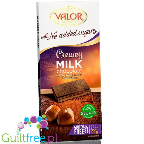 Valor Creamy Milk & Hazelnut Cream - bezglutenowa mleczna czekolada bez dodatku cukru z orzechami laskowymi i masą pralinową by Valor (valor-mleczna-czekolada-z-orzechami-laskowymi-bez-dodatku-cukru-ze-stewia)