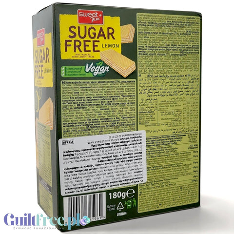 Opakowanie wegańskich mini wafelków cytrynowych Sweet Plus Sugar Free Lemon bez dodatku cukru ze sklepu Guiltfree