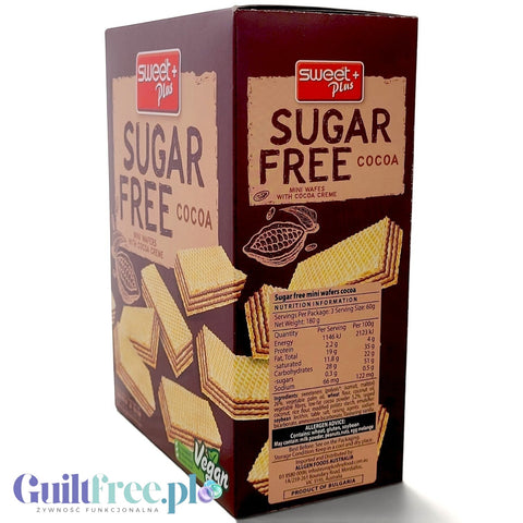 Opakowanie wegańskich mini wafelków Guiltfree Sweet Plus z kremem kakaowym bez dodatku cukru, 180g
