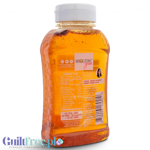 Guiltfree Wholesome Yum syrop bez cukru o smaku miodu z cynamonem w plastikowej butelce z etykietą