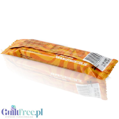 Baton proteinowy Guiltfree Wispy Nutrition o smaku toffi i karmelu w opakowaniu, widok z boku na białym tle.