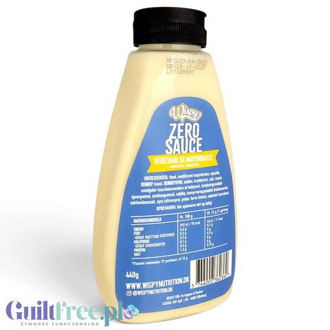 Guiltfree Wispy Zero Sauce Mayo w butelce, wegański niskokaloryczny sos o smaku majonezowym z etykietą informacyjną