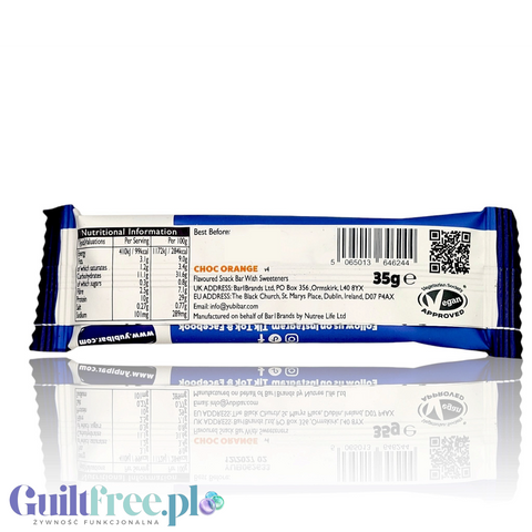 Tył opakowania wegańskiego batona proteinowego Guiltfree YuBi Bar o smaku czekoladowo-pomarańczowym z tabelą wartości