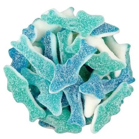 Wegańskie żelki Guiltfree Sweet Switch Baby Shark o smaku borówki w kształcie niebieskich rekinów bez cukru i żelatyny