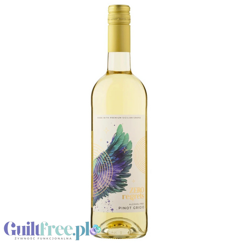 Butelka bezalkoholowego wina Guiltfree Zero Regrets Pinot Grigio z Sycylii o jasnej barwie i eleganckiej etykiecie.