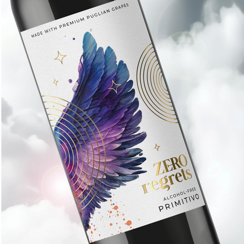 Butelka czerwonego wina bezalkoholowego Guiltfree Zero Regrets Primitivo z artystyczną grafiką skrzydła na etykiecie