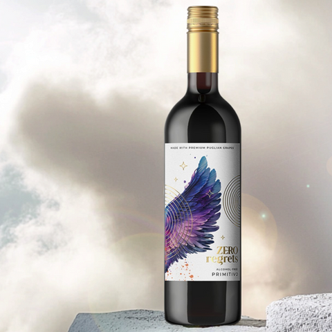Guiltfree Zero Regrets bezalkoholowe wino Primitivo i Pinot Grigio na kamiennych postumentach w słonecznym świetle.