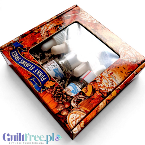 Zestaw 6 kropelek smakowych Guiltfree Funky Flavors Sweet w jesiennym opakowaniu z motywem liści i przypraw