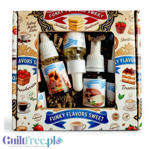 Zestaw pięciu aromatów spożywczych Funky Flavors Sweet Stevia w ozdobnym pudełku od Guiltfree