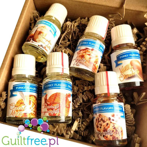 Zestaw 6 aromatów spożywczych Guiltfree Funky Flavors Sweet w małych buteleczkach z kroplomierzem w pudełku